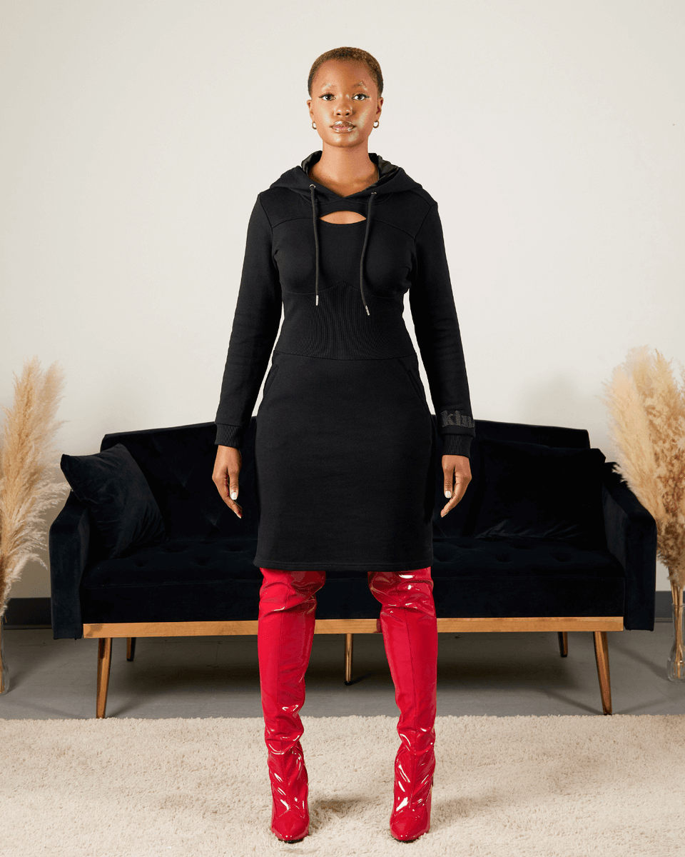 Black Fitted Satin Lined Hoodie Dress Black Fitted Satin Lined Hoodie Dress