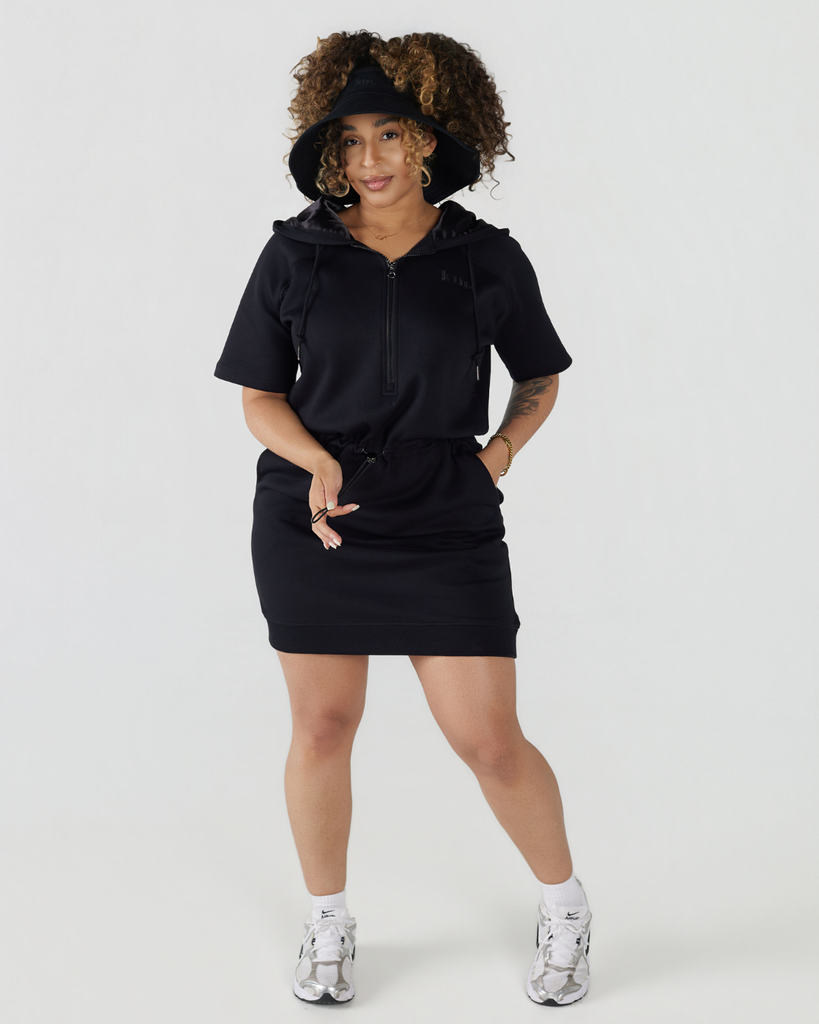 Black Quarter-Zip Drawstring Satin Lined Hoodie Dress Black / 2XL
