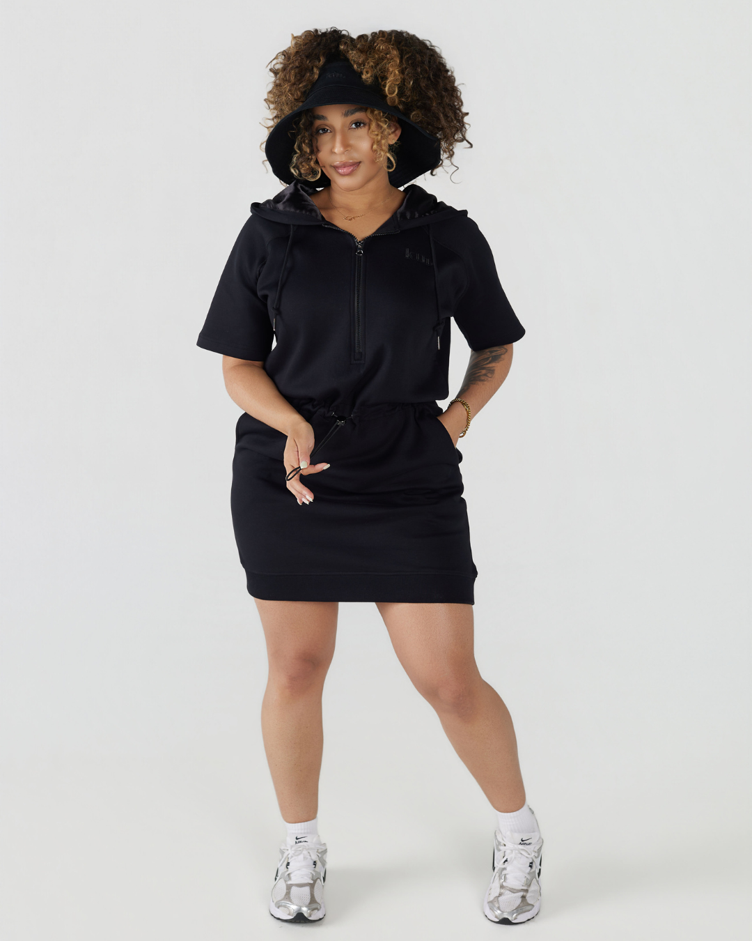 Black Quarter-Zip Drawstring Satin Lined Hoodie Dress Black / 2XL