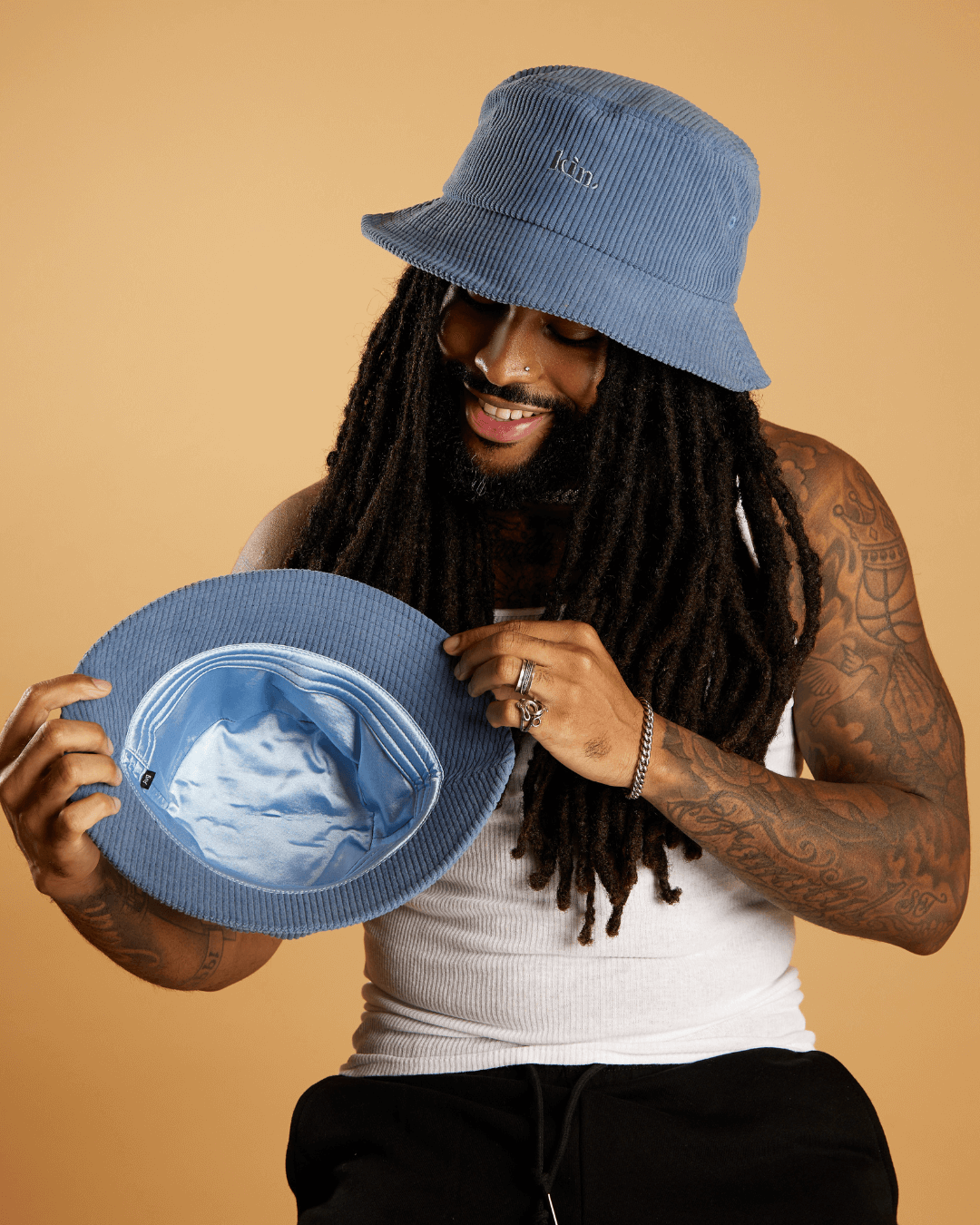 Blue Corduroy Satin Lined Bucket Hat KINApparel
