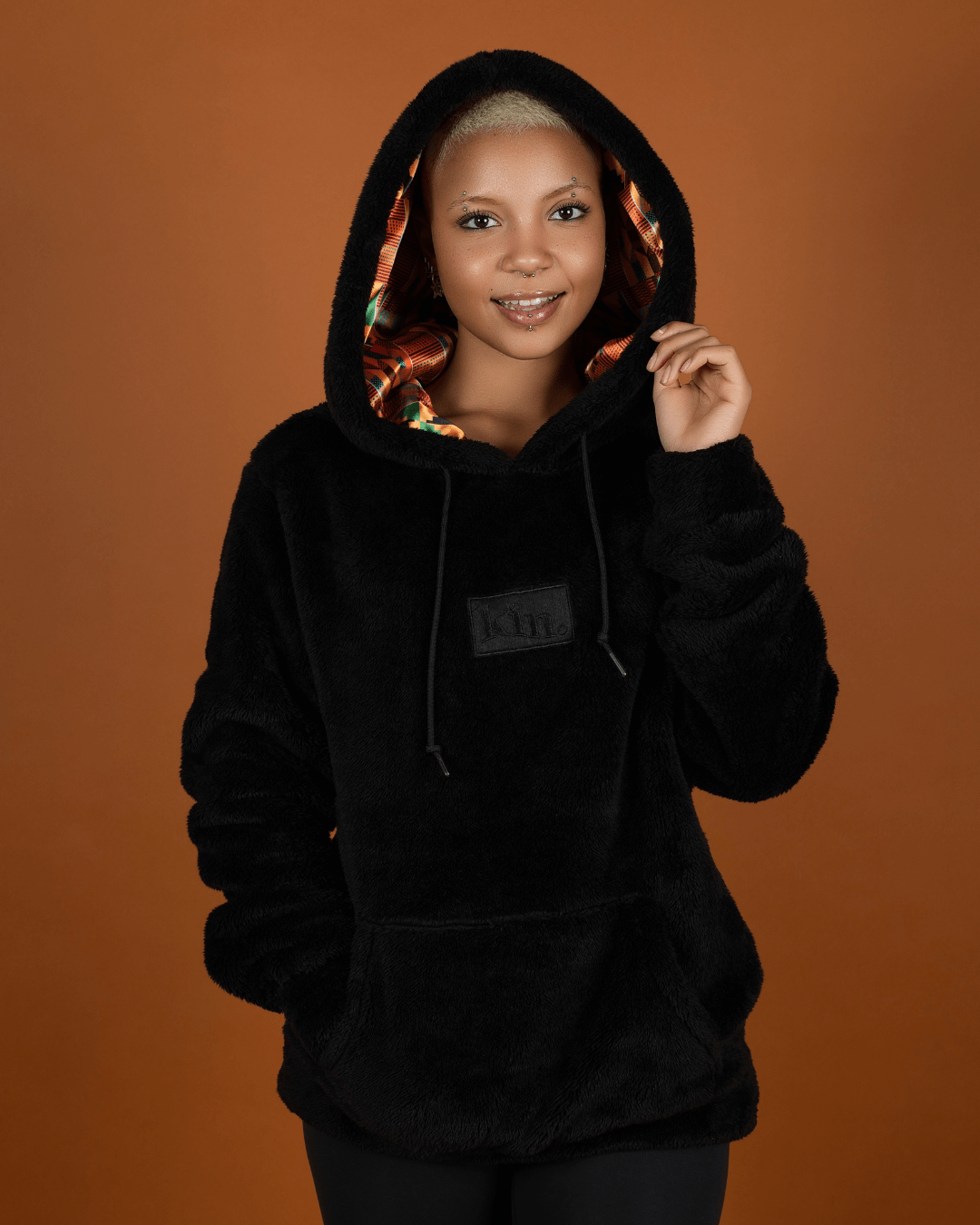 Black Kente Thin Teddy Fleece Pullover