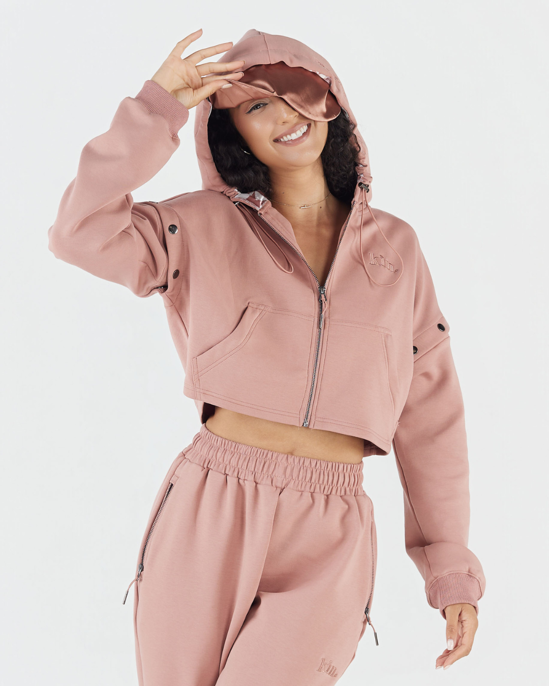 Mauve Cropped Satin-Lined Travel Zip Hoodie