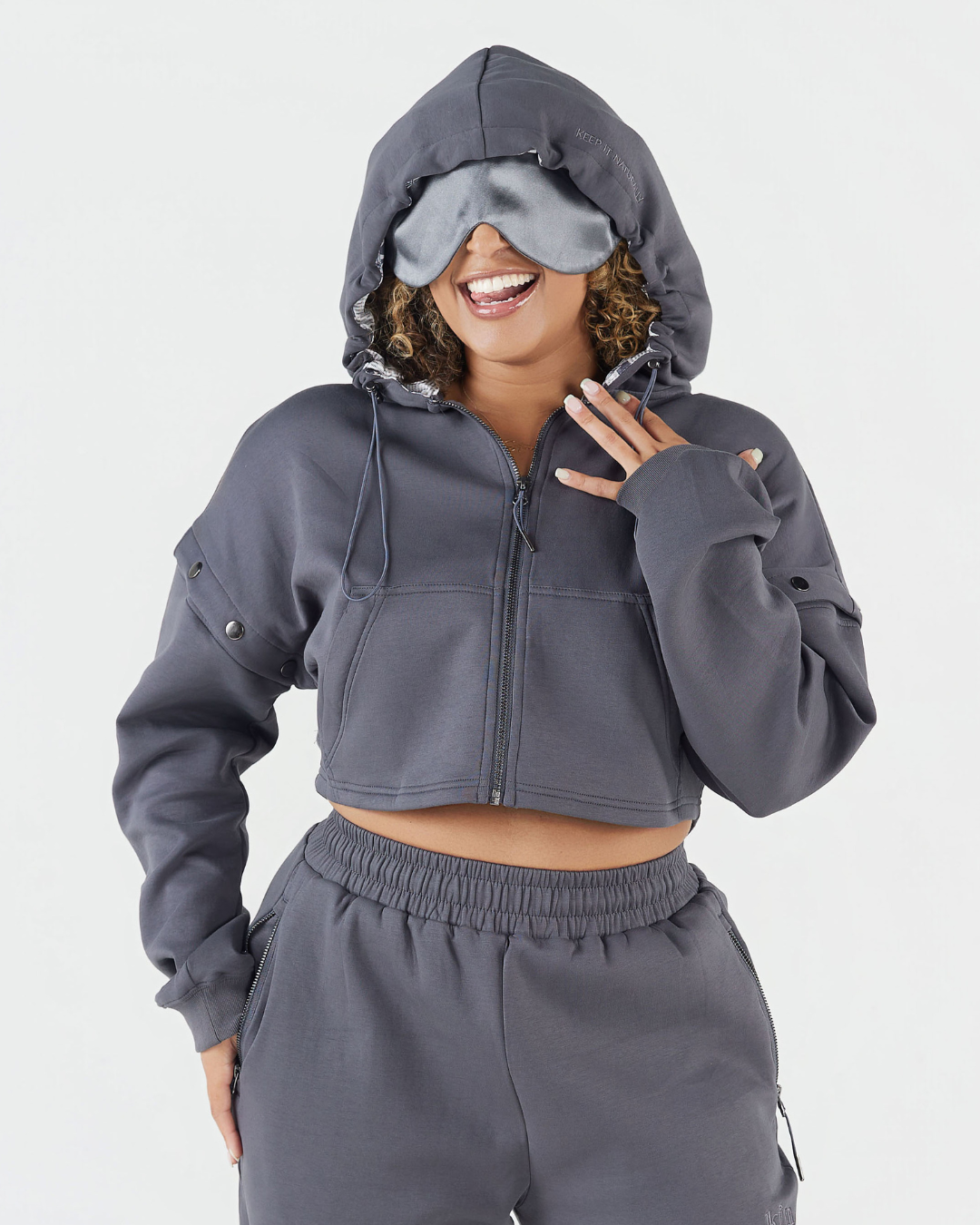 Charcoal Grey Cropped Satin-Lined Travel Zip Hoodie