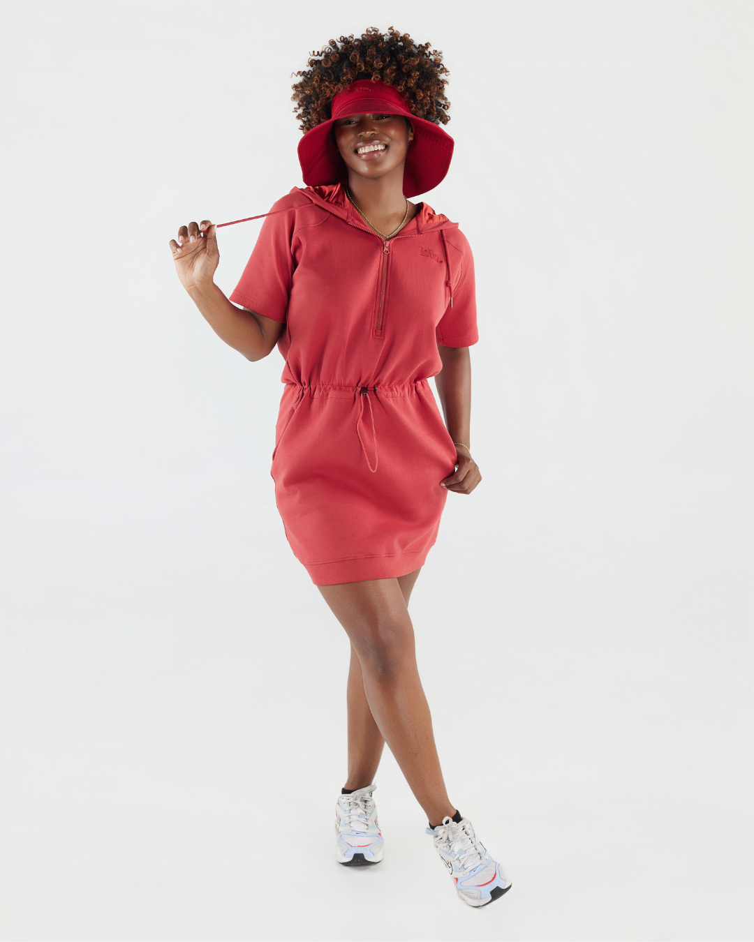 Red Quarter-Zip Drawstring Satin Lined Hoodie Dress M / Red