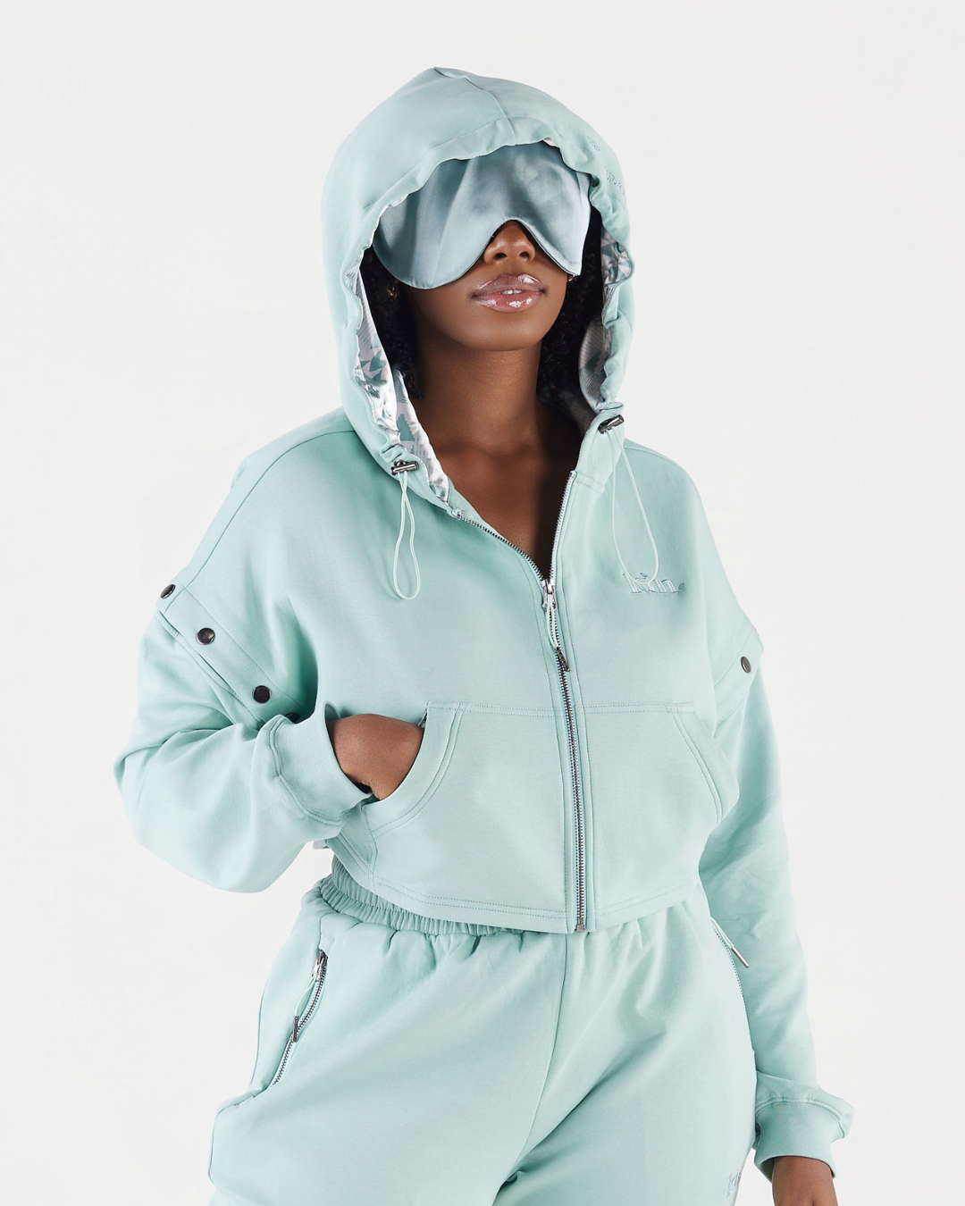 Seafoam Green Cropped Satin-Lined Travel Zip Hoodie