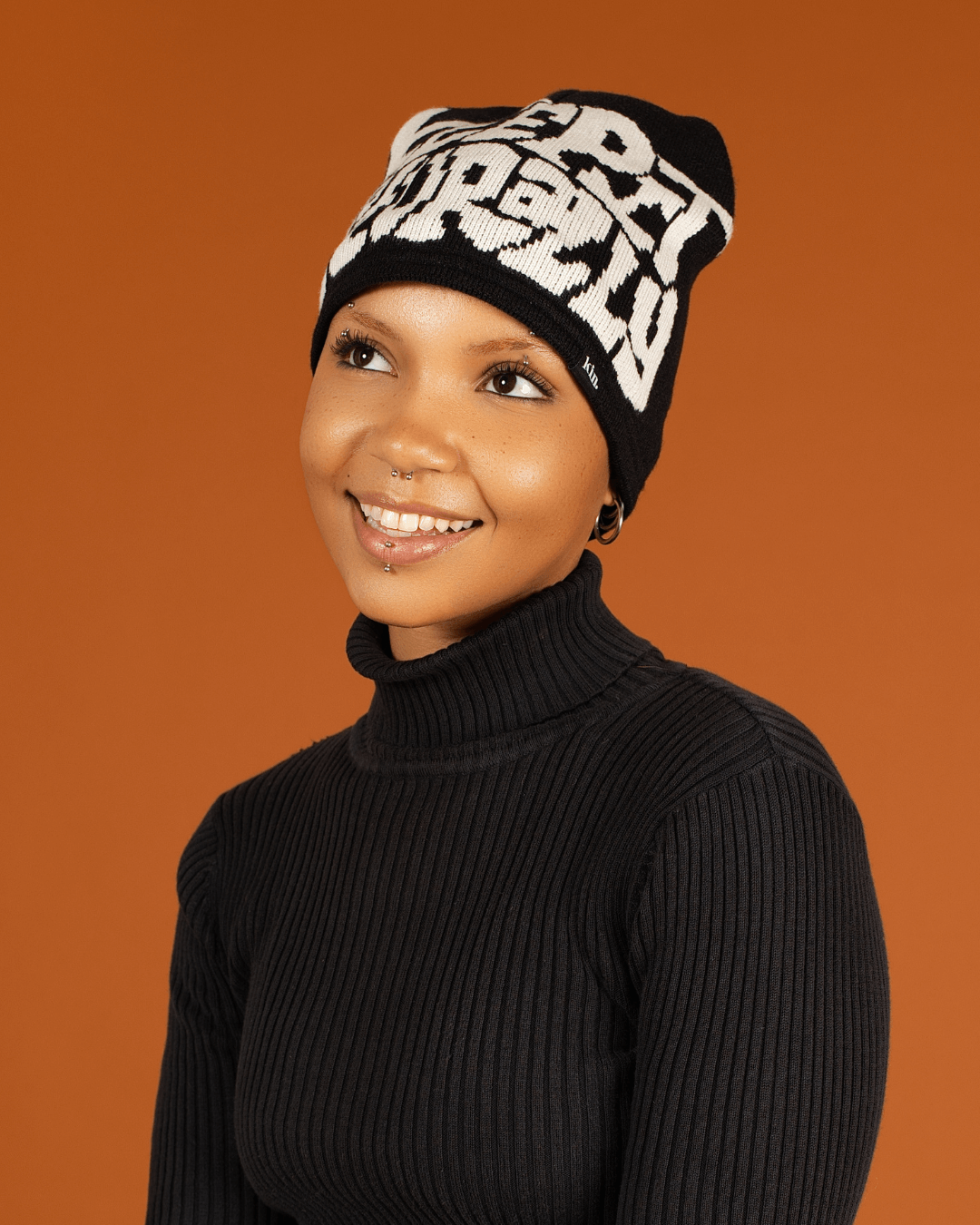 Black White Satin Lined Logo Beanie