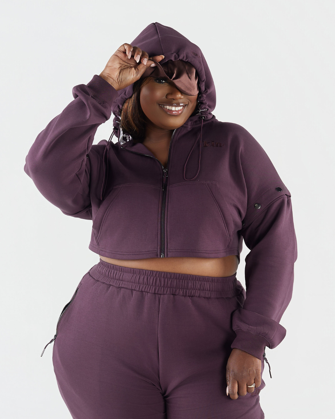 Deep Plum Cropped Satin-Lined Travel Zip Hoodie