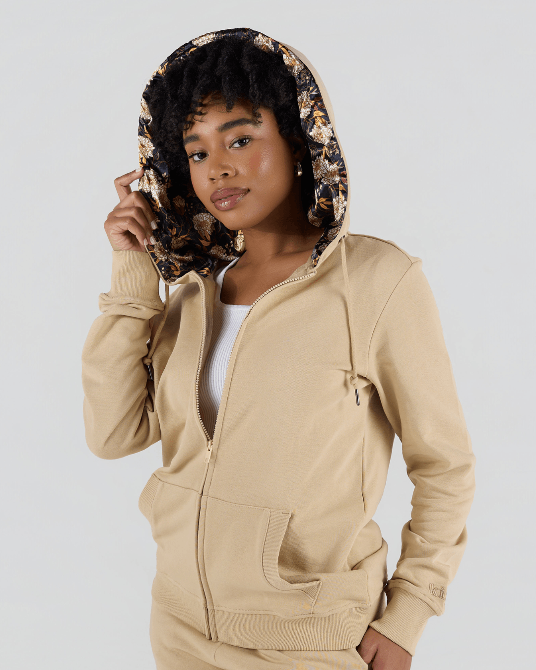 Desert Sand Floral Thin Satin Lined Zip Up Hoodie