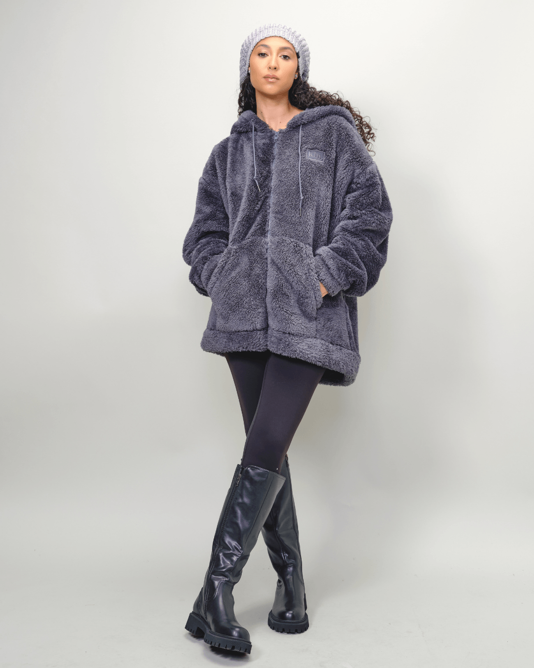 Charcoal Grey Thick Teddy Satin Lined Zip Up Hoodie