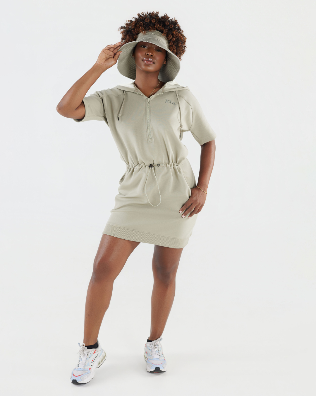 Light Green Quarter-Zip Drawstring Satin Lined Hoodie Dress 3XL / Light Green