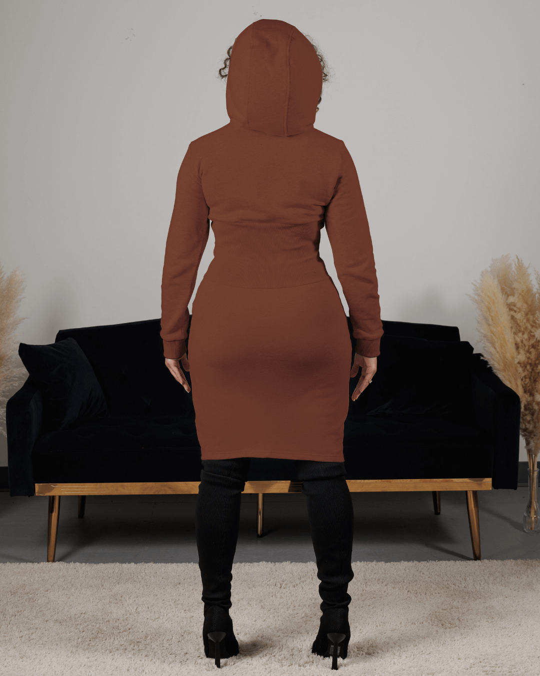 Brown Fitted Satin Lined Hoodie Dress Brown Fitted Satin Lined Hoodie Dress