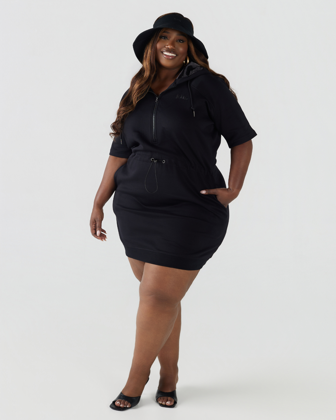 Black Quarter-Zip Drawstring Satin Lined Hoodie Dress Black / 2XL