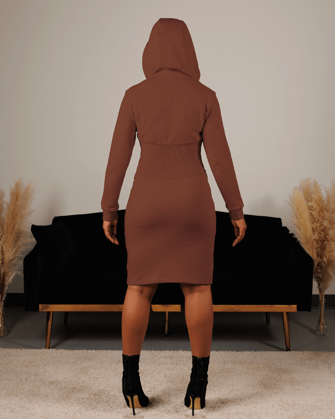 Brown Fitted Satin Lined Hoodie Dress Brown Fitted Satin Lined Hoodie Dress