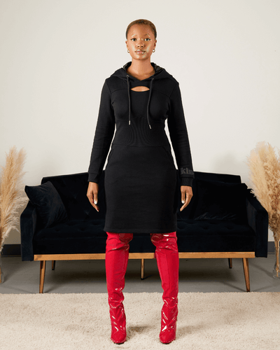 Black Fitted Satin Lined Hoodie Dress Black Fitted Satin Lined Hoodie Dress