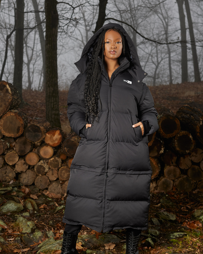 Black long padded coat top with hood
